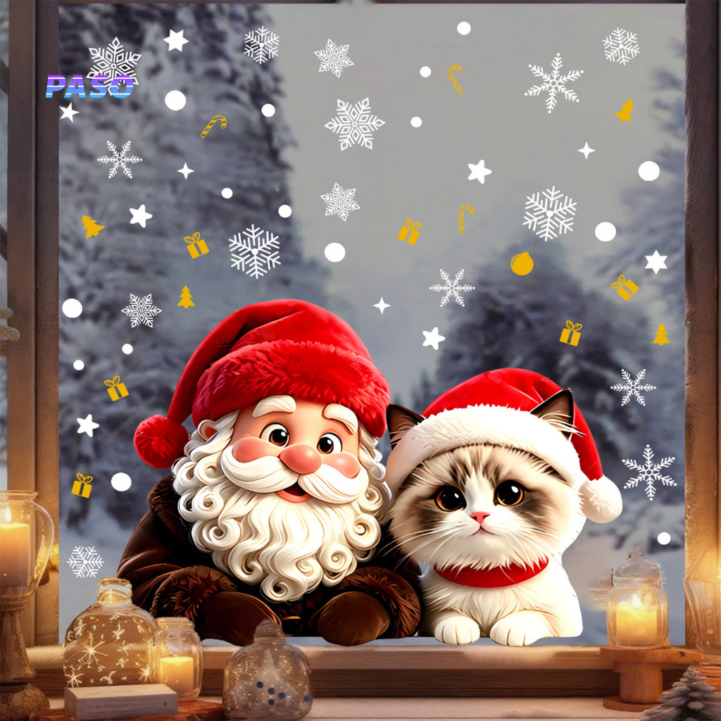 Winter Wonderland Decorations Christmas Window Clings Santa Claus Cat Waterproof Pvc Static Glass Stickers Decorative fo