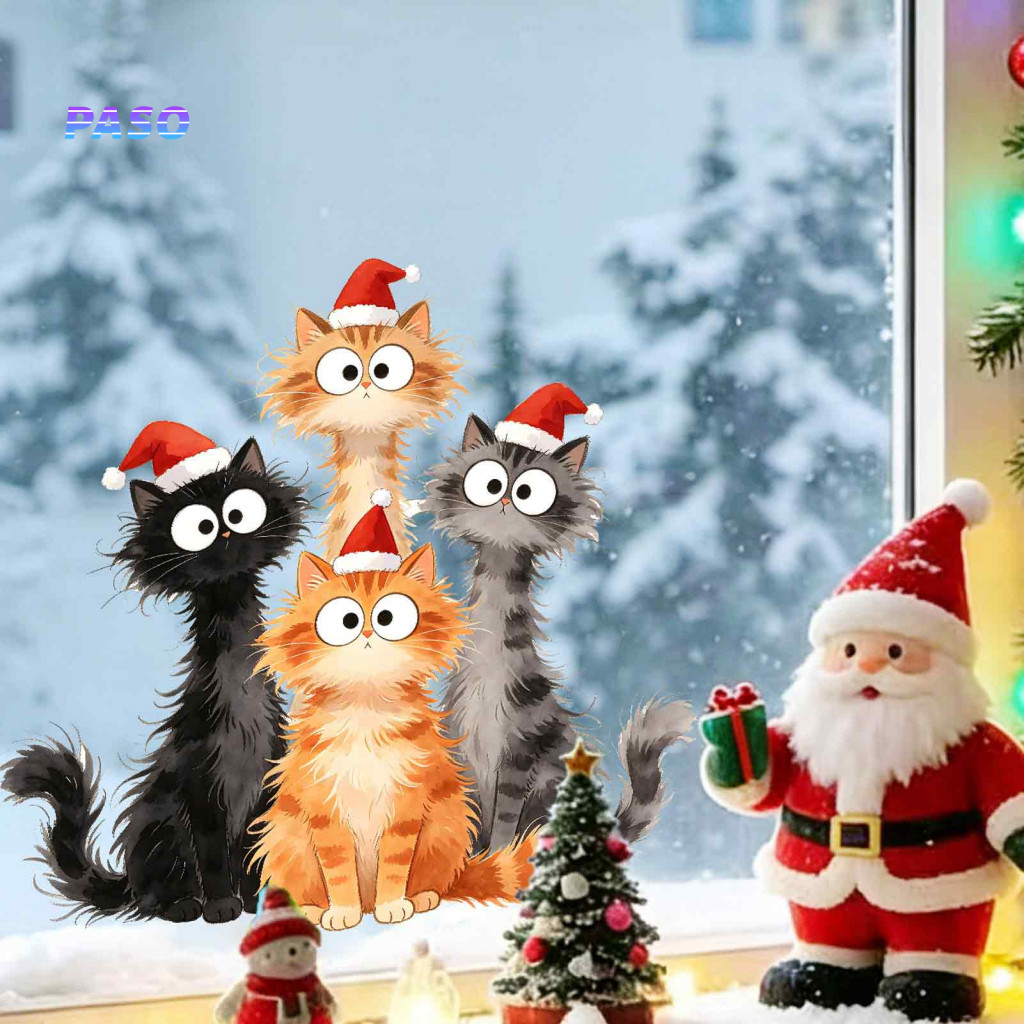 Decorative Festive Cat Stickers Christmas Window Decals Cling Cartoon Cats with Santa Hat Removable Pvc Static Glass Sti