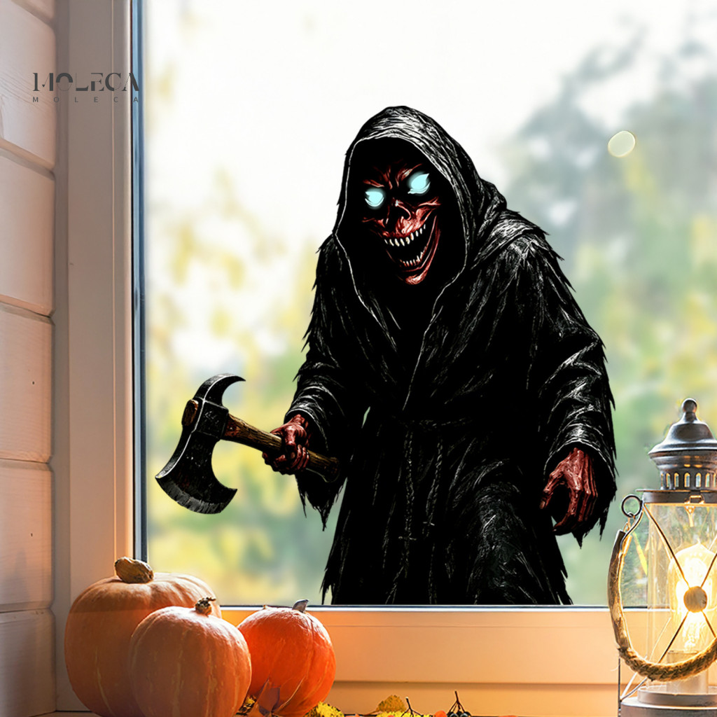 Holiday Decorative Gifts Halloween Wall Decals Reaper Sticker Black Robed Demon with Axe Waterproof Pvc Decal for Home W