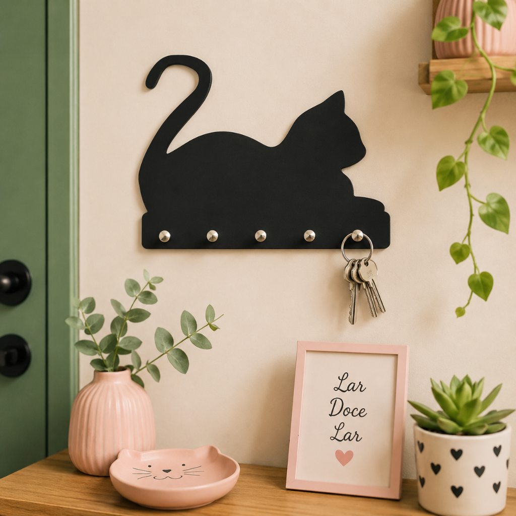 Porta Chaves Gato Deitado Decorativo Com Ganchos Mdf 3mm