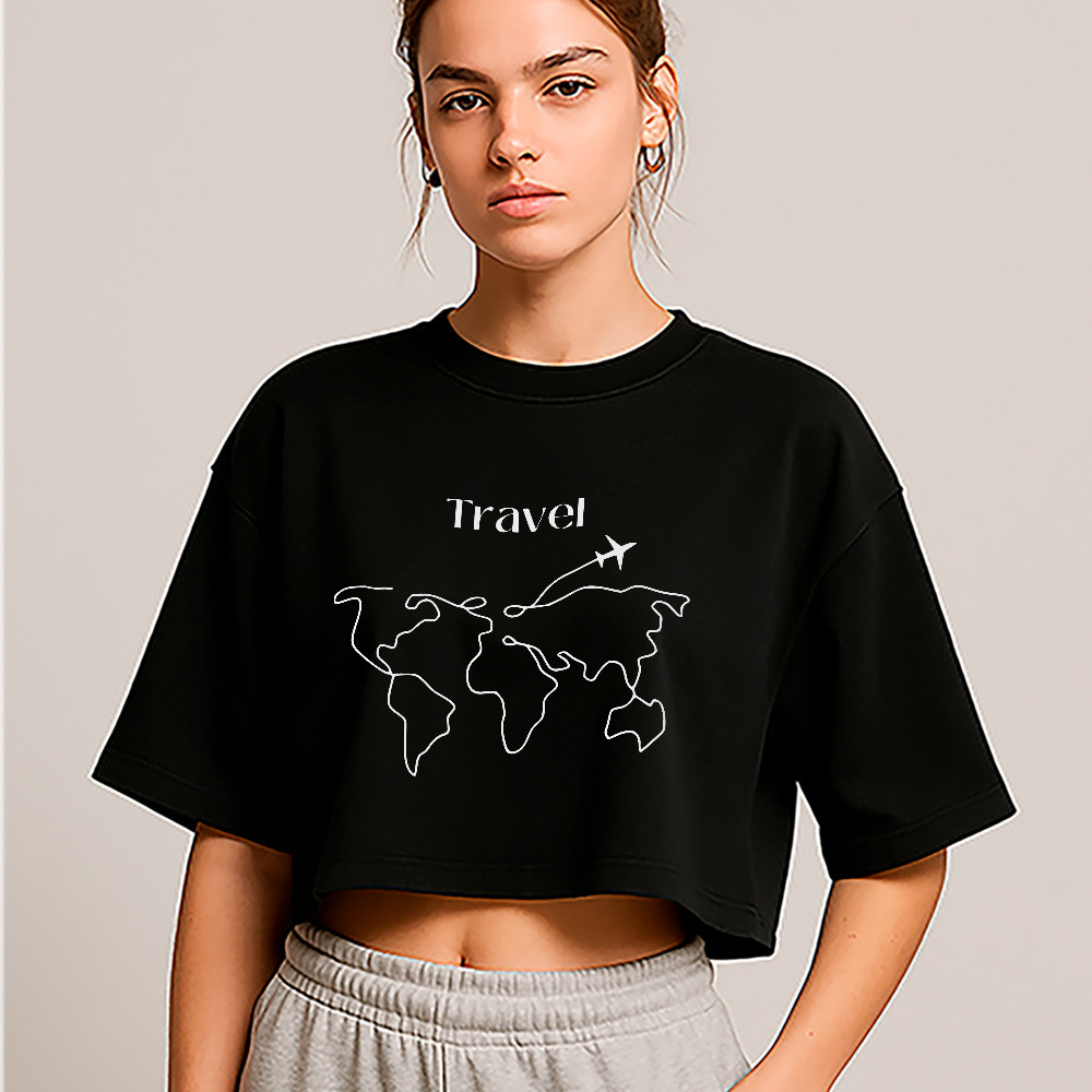Cropped Oversized Travel World Map Aesthetic Streetwear Feminino