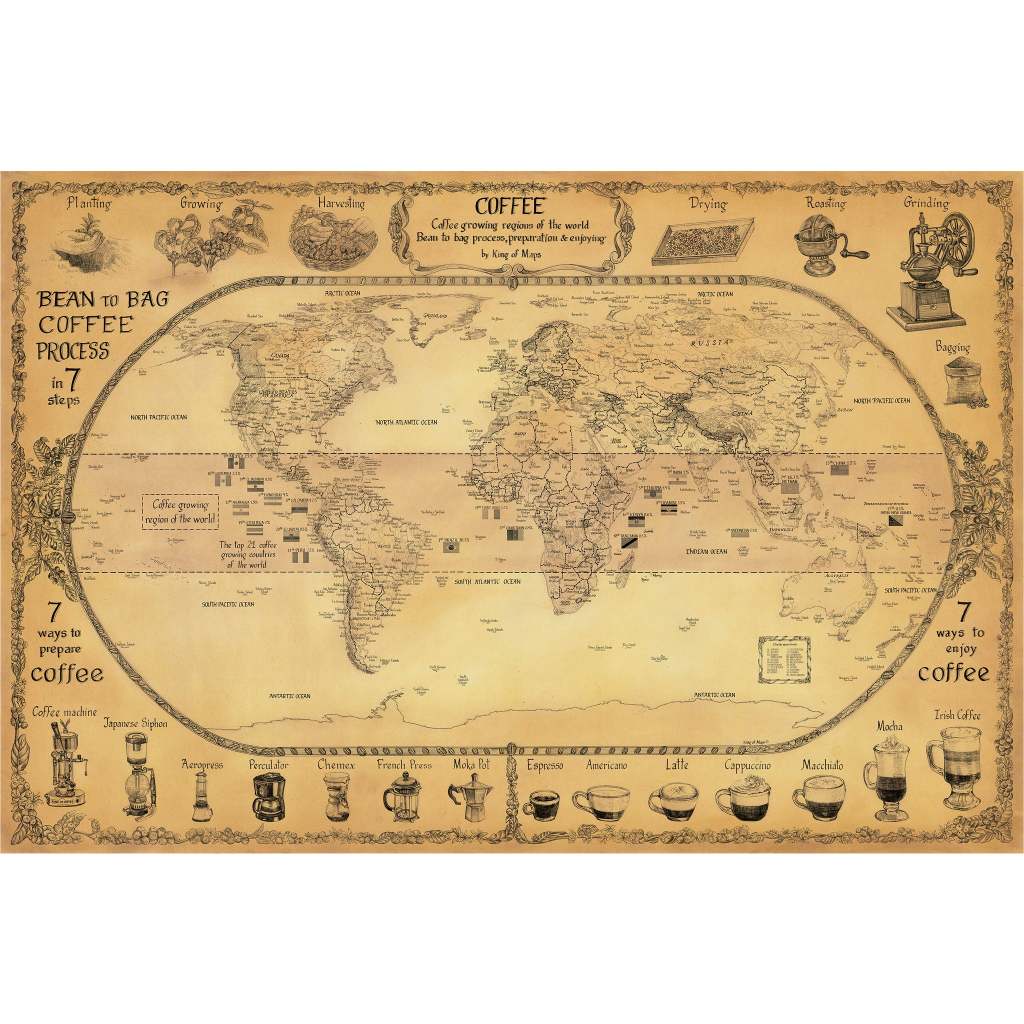 Pôster Retrô - Coffee World Map - Decora - 33 Cm X 48 Cm