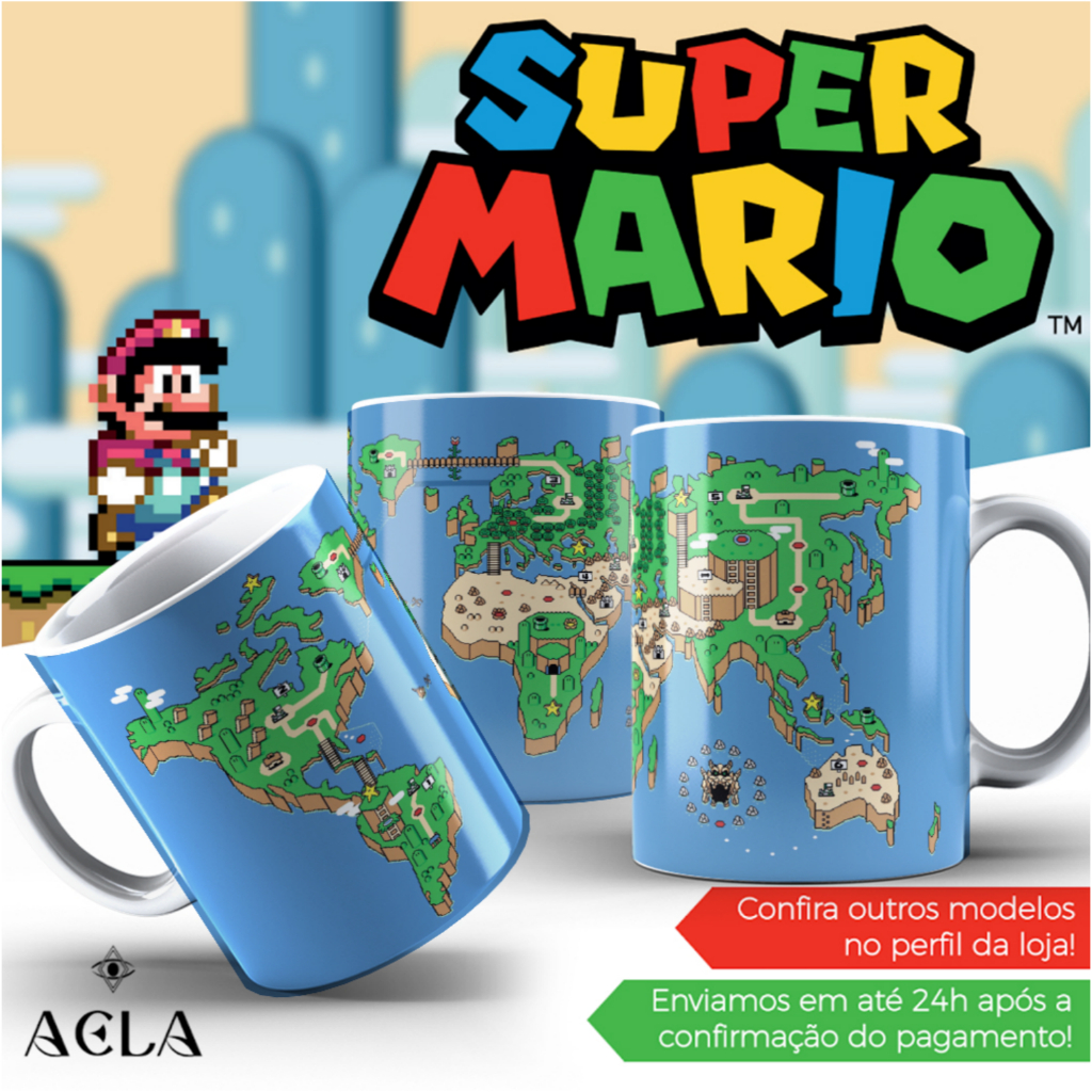 Caneca Super Mário World 325ml | Mapa Mundi Estilo World Map | Nintendo | Clássico Gamer