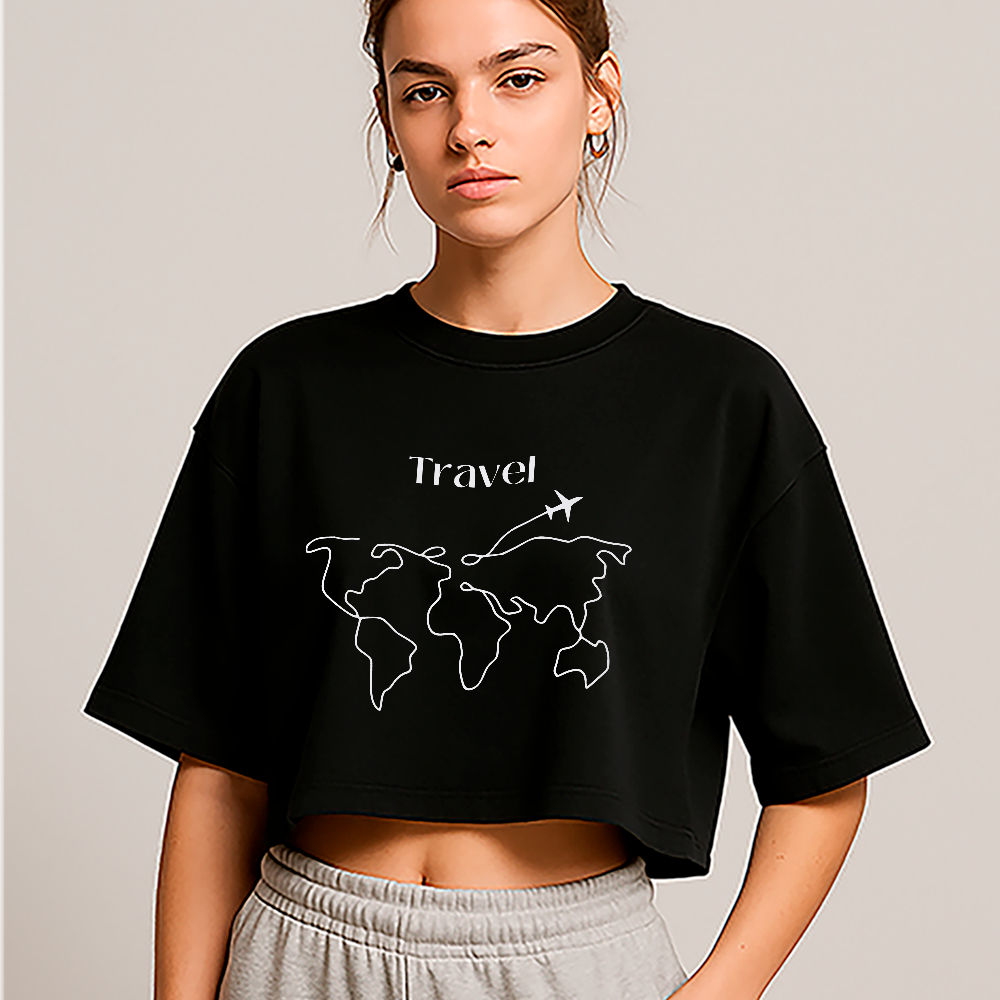 Cropped Oversized Travel World Map Aesthetic Streetwear Feminino