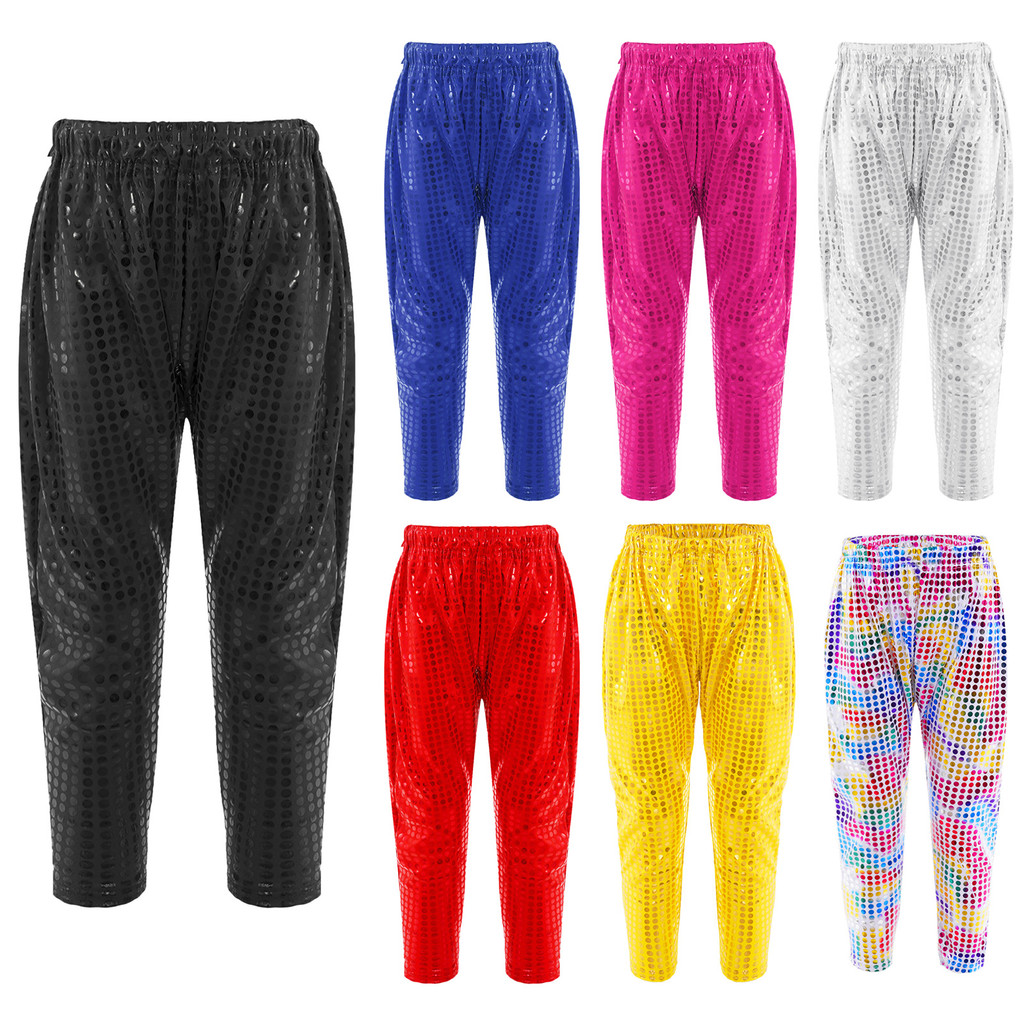 inhzoy Kids Boys Girls Stylish Clothing Elastic Waistband Radish Pants Harun Pants Shiny Sequins Stage Performance Pants