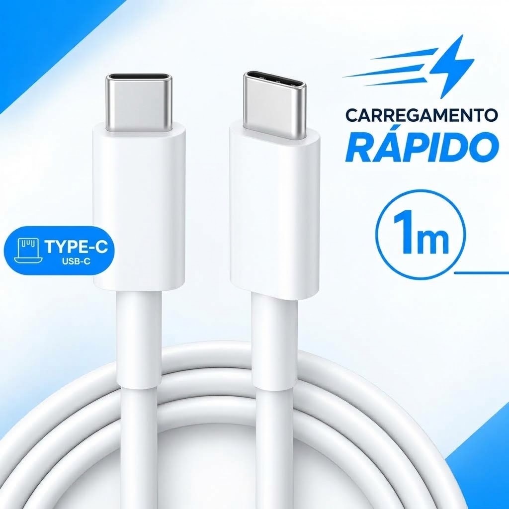 Cabo Carregador USB-C Tipo C para Tipo C 1 Metro 66W 6A Turbo