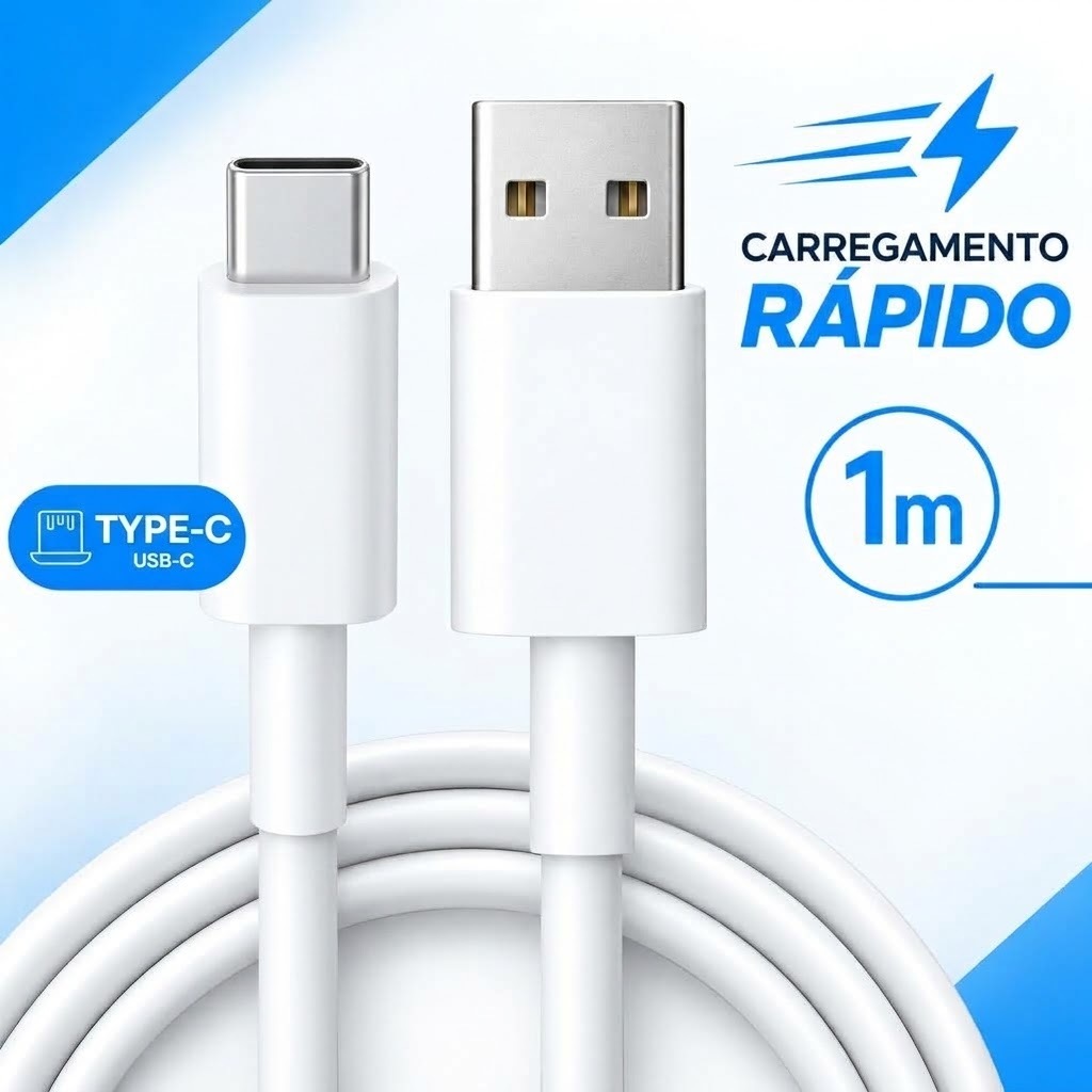 Cabo Carregador USB Tipo C 1 Metro 66W 6A Carregamento Rápido