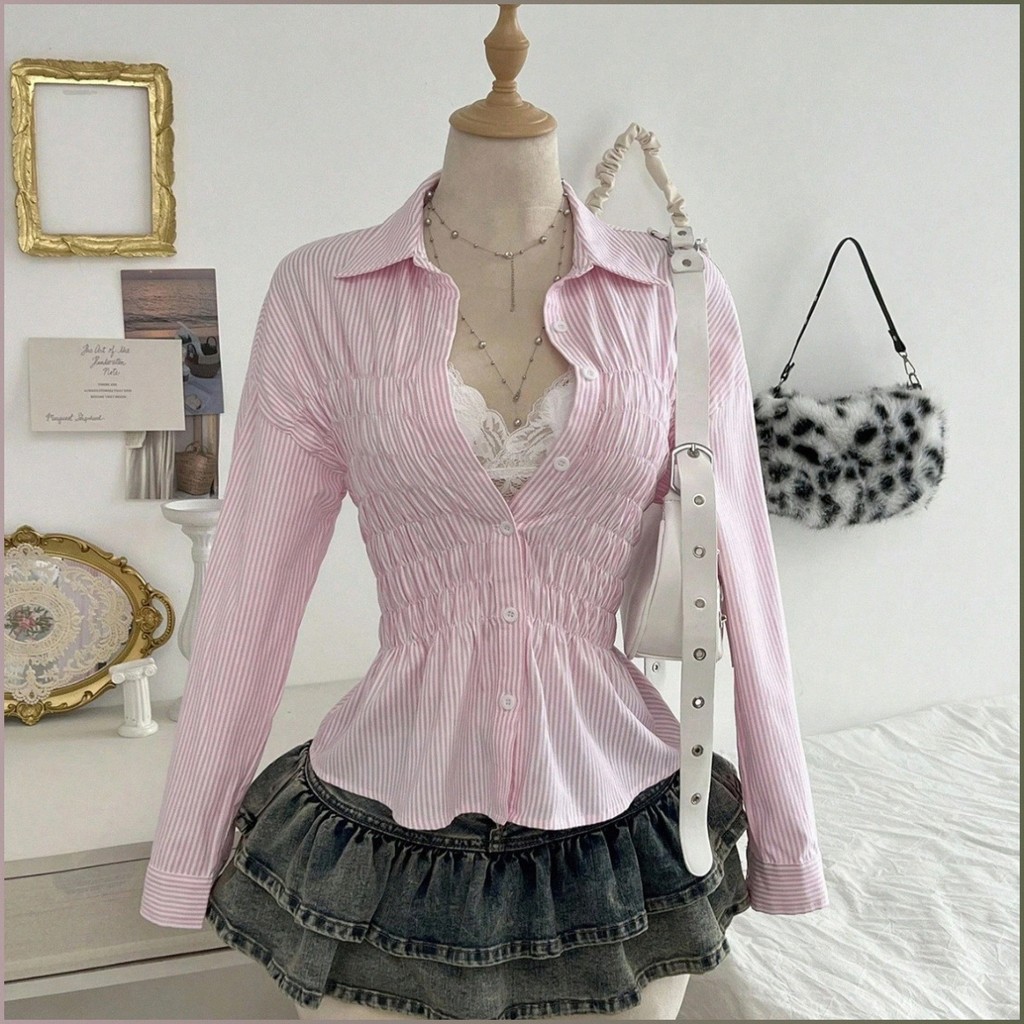 Shirt Stripe Elegance Tops Stand-up Collar Slim Soft Comfort Slimming Curve Beauty Slimmer Waist
