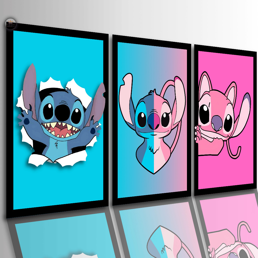 Quadros Decorativos Lillo Stitch e Angel Interativo Desenho Animado 3 Peças