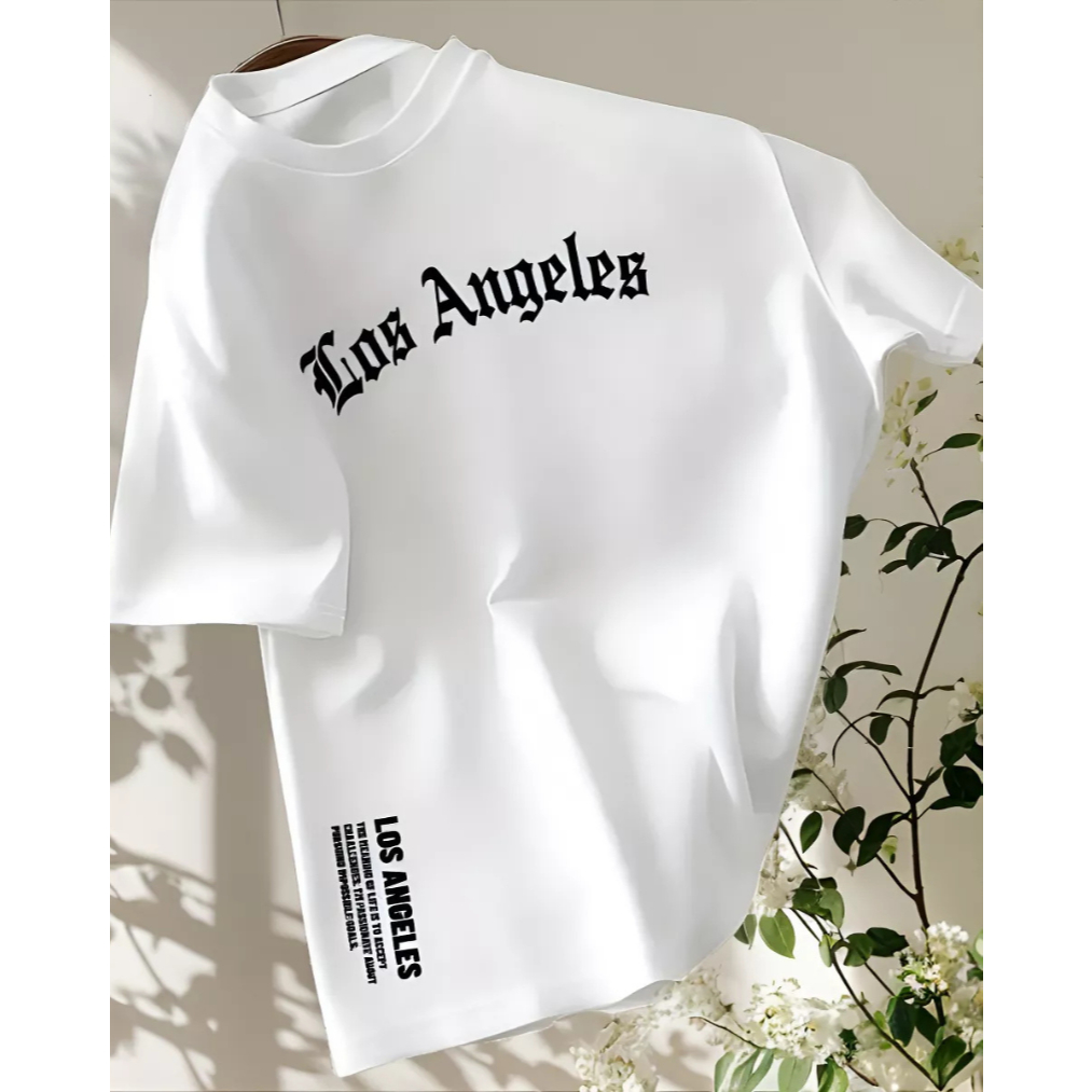 Camiseta Masculina Casual de Algodão com Estampa de Los Angeles Modelagem Regular para o Verão