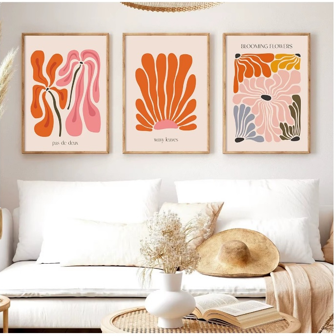 Quadros decorativos Abstrato Flower Market Art, Flower Market Boho Plant Henry Matisse (3 peças)
