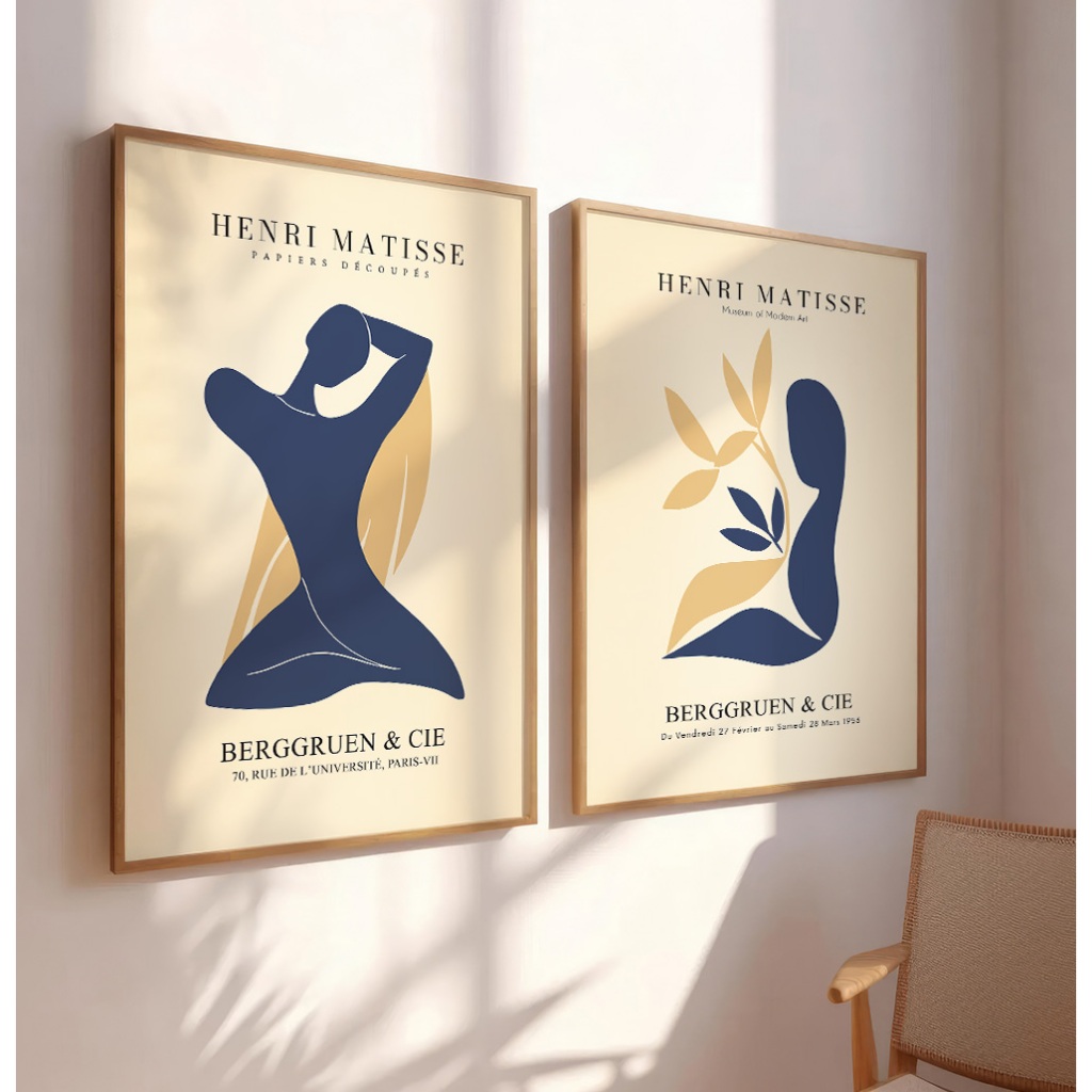 Quadro Abstrato Grande Quadro Decorativo Sala Com Moldura Grande Matisse Silhuetas Azul Amarelo Duo