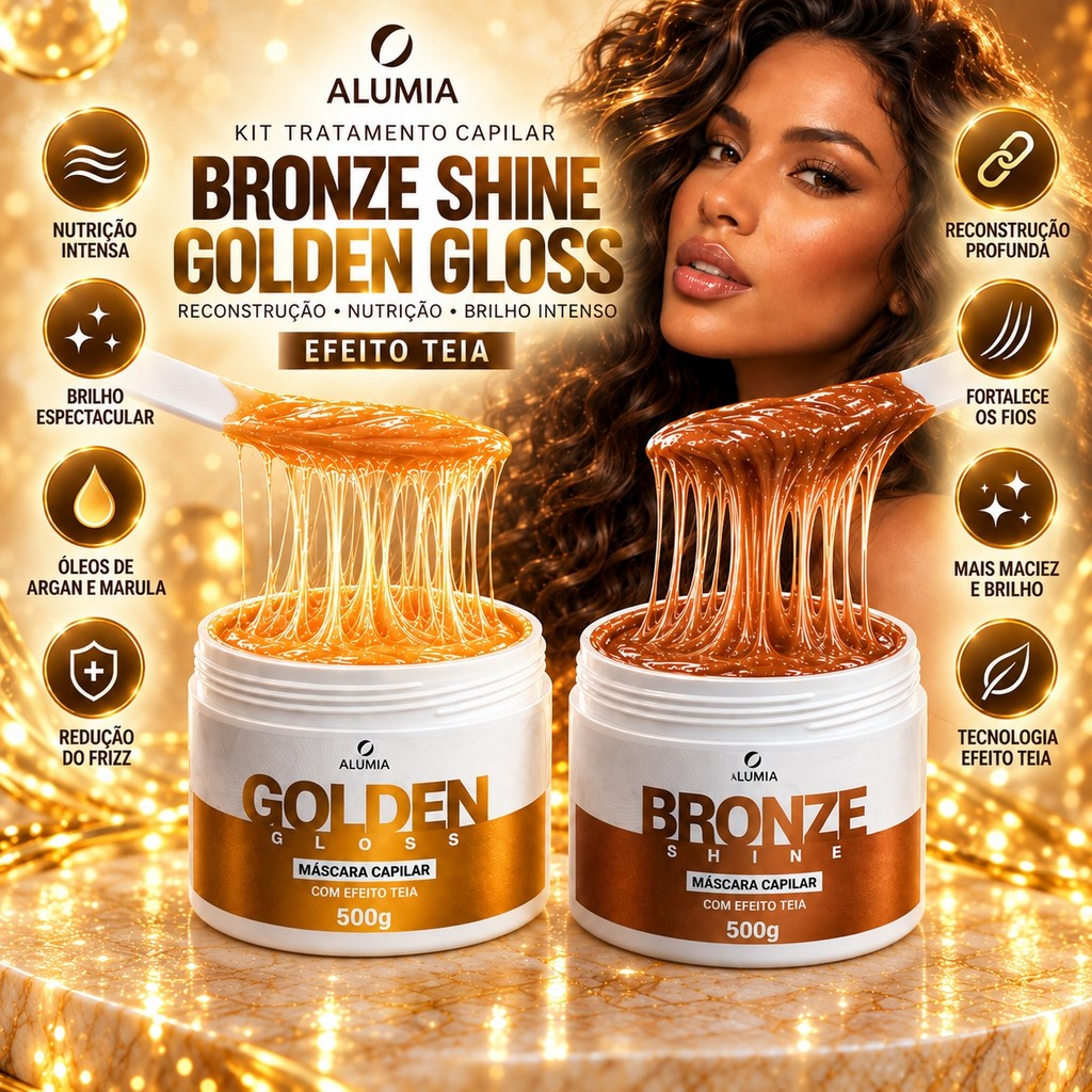 Kit Alumia Bronze Shine Golden Gloss Reconstrução Nutrição Brilho Intenso Máscaras 500g