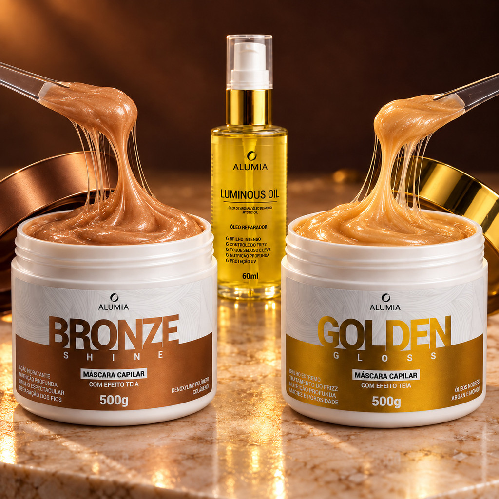 Kit Alumia Gloss Supreme Mascara Golden Ouro Gloss Mascara Bronze Shine e Luminous Oleo de Argan Tratamento Capilar