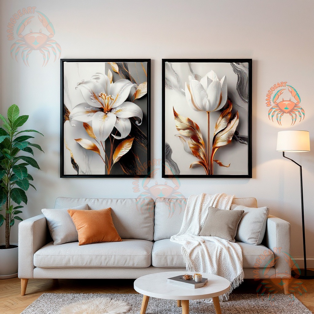 Quadros Decorativos kit duo flor de Tulipa Branca, Dourada e bronze. tela acetinada decoração para sala, quarto, escrit