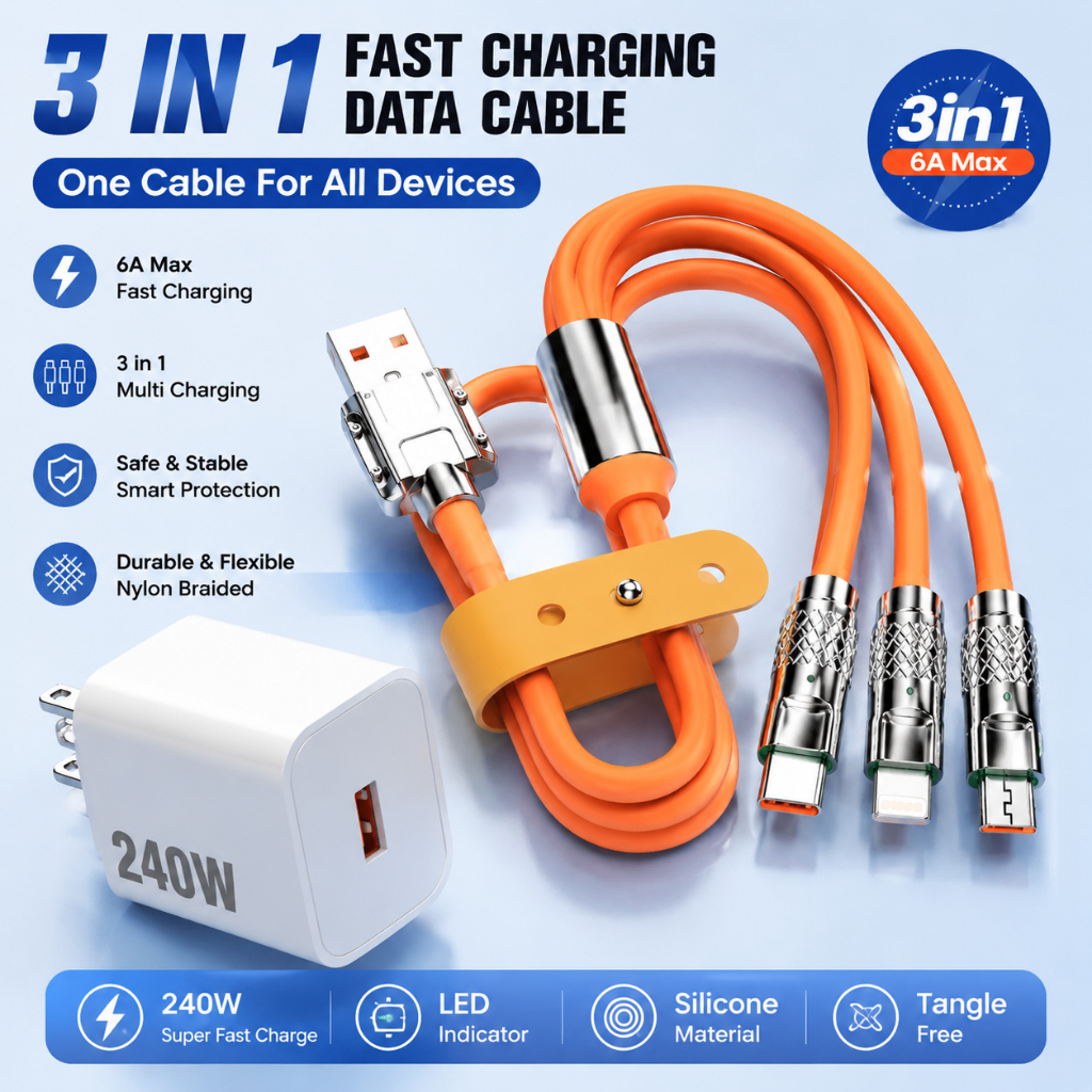 Carregamento rápido de 240 W Cabo de dados 3 em 1 em silicone líquido com carregador tipo C e interface V8 para iOS