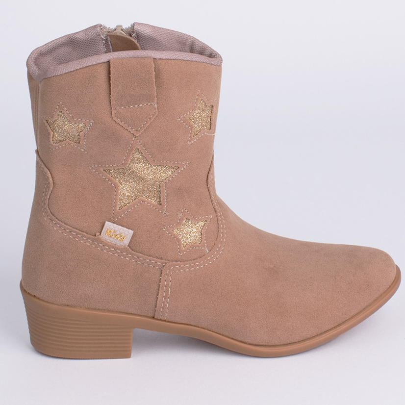 Bota Infantil Menina Kidy Estrelas Dourado Bege Folk Boho Moderno Country Western Confortável