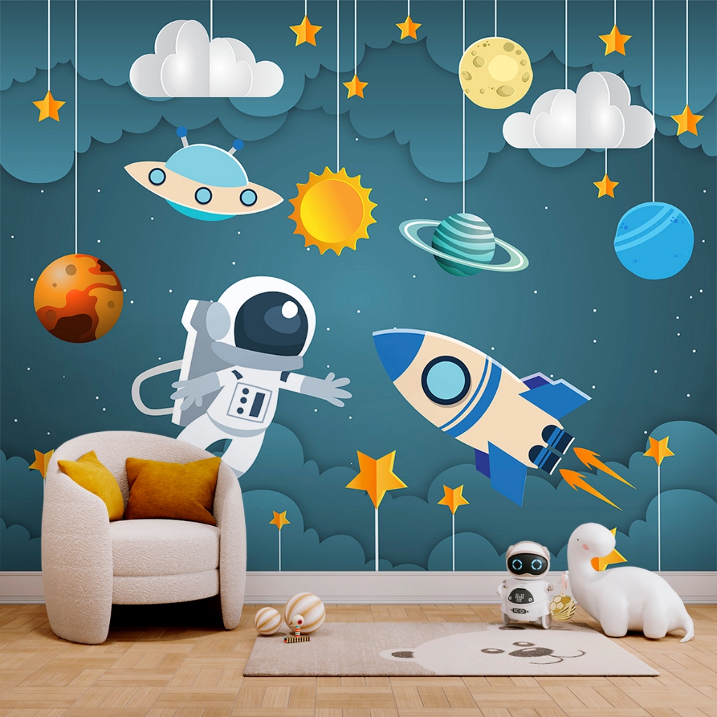 Papel de Parede  Astronauta Com Planetas Personalizado- Adesivo Autocolante