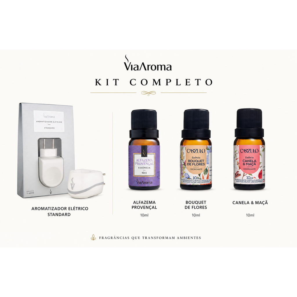 Kit Completo Difusor com 3 Essências Alfazema, Bouquet de Flores e Canela e Maça. Aromatizador Eletônico Oferta Especial