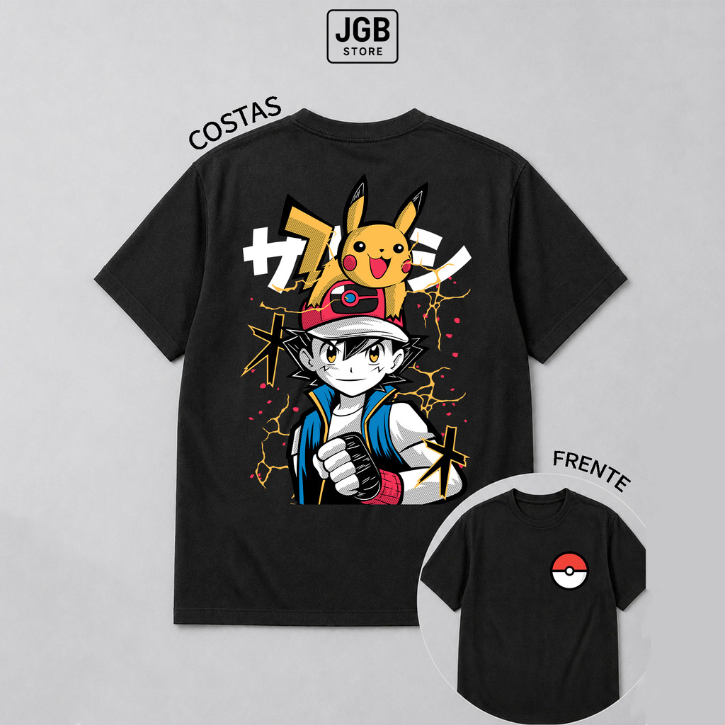 Camiseta Pokemon Ash Pikachu Anime 100% Algodão Unissex Camisa Plus Size