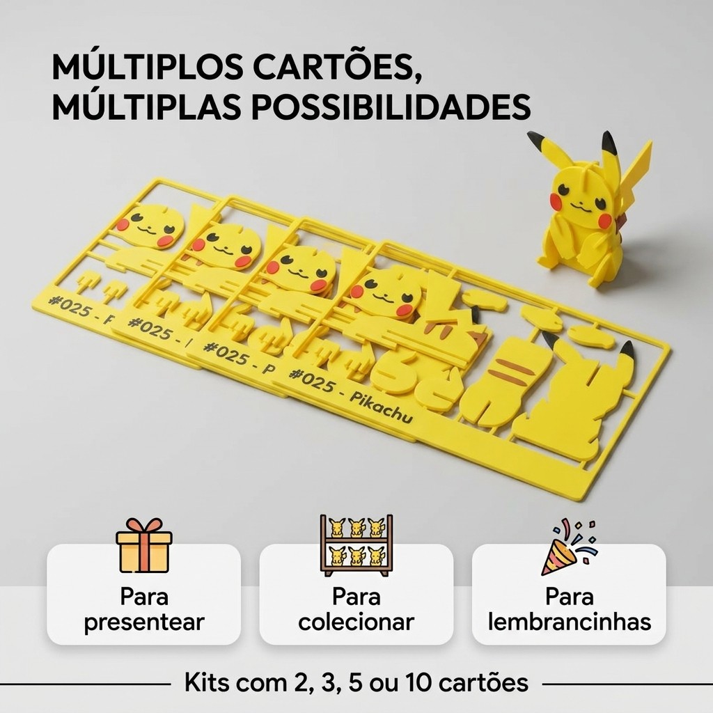 Kit Pikachu para Montar 3D PLA+ 2 3 5 ou 10 Unidades | Cartão Destacável Decorativo Geek Desenho Anime