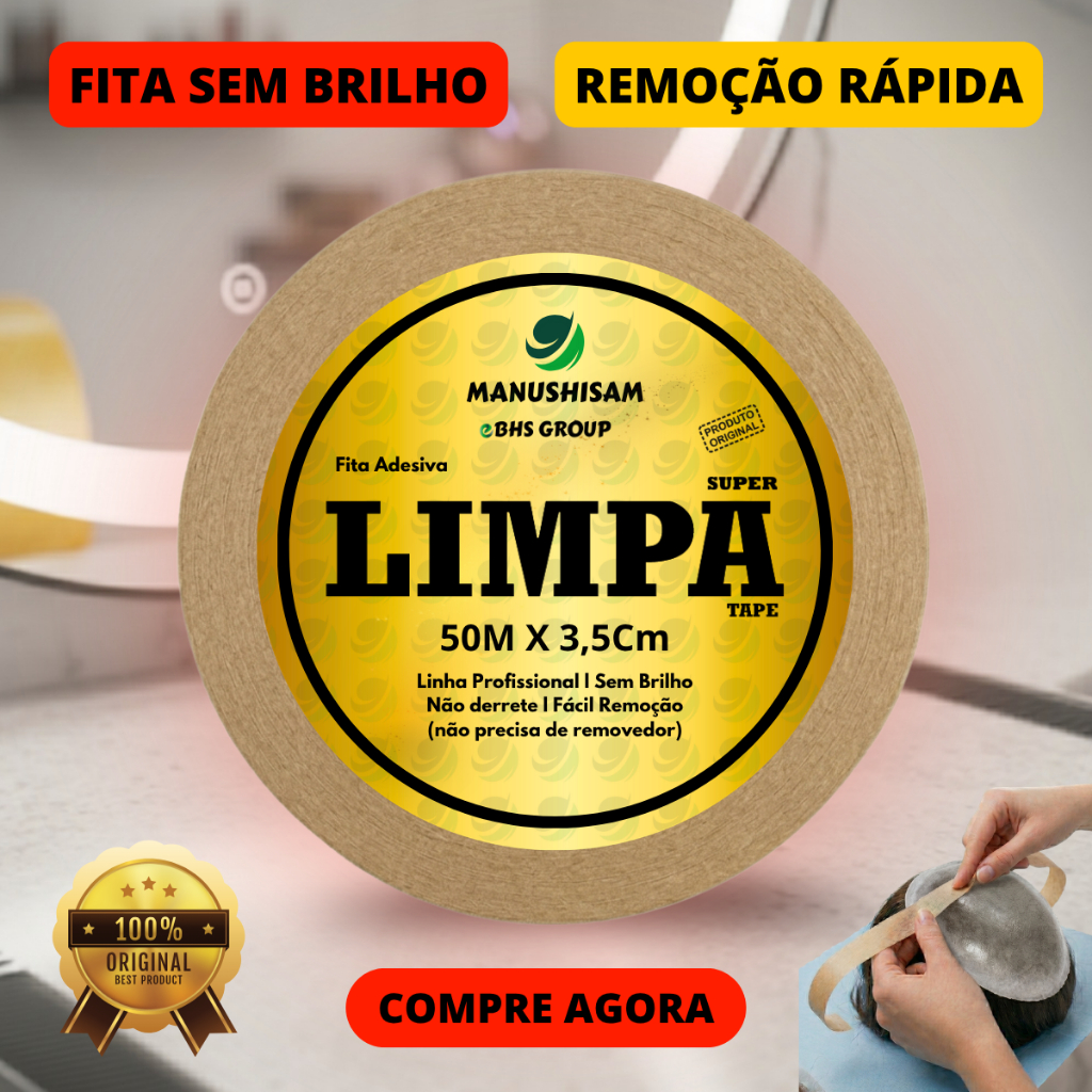 Fita Adesiva Dupla Face 50m x 3,5cm Limpa Tape Super P/ Próteses Capilares E Perucas