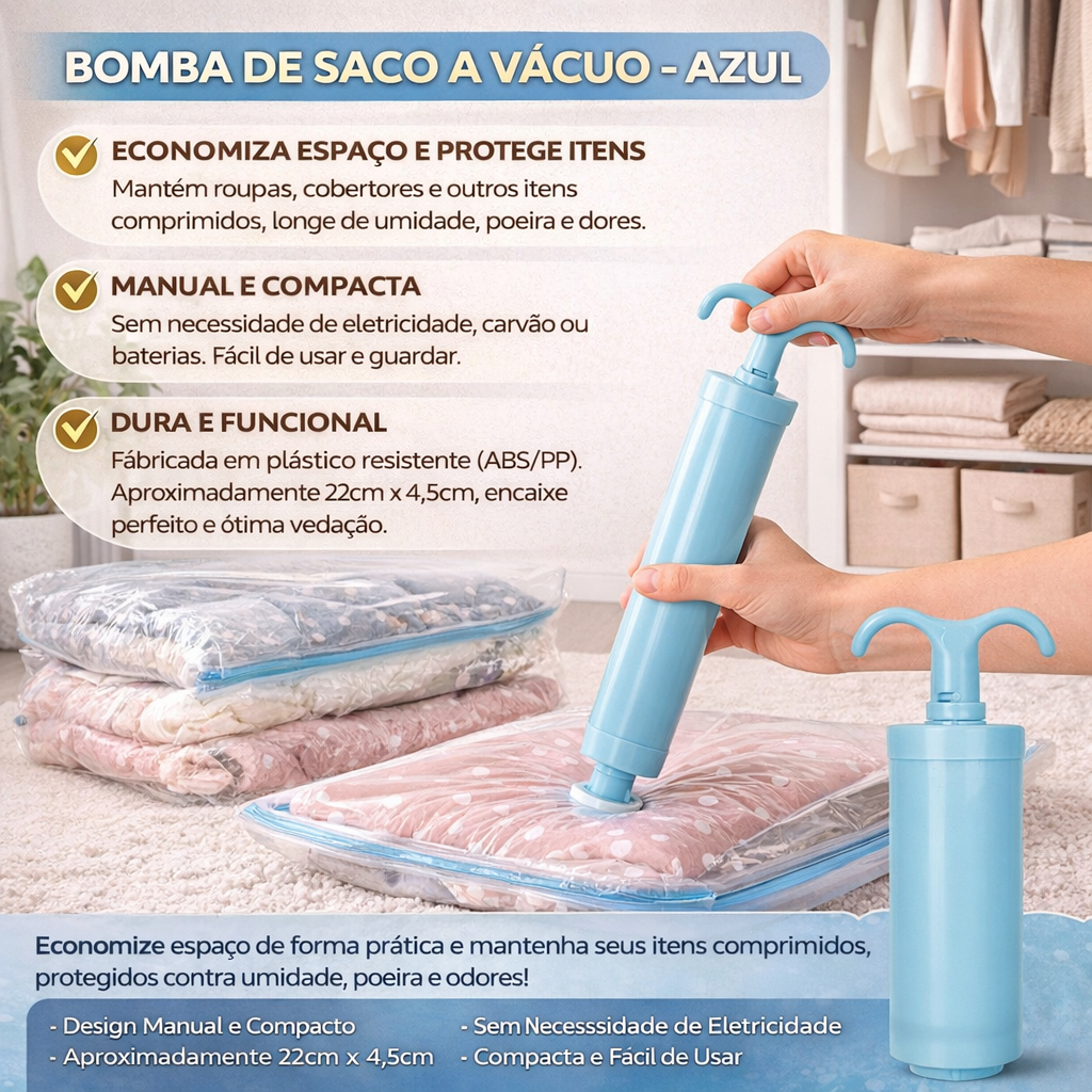 Bomba Saco Vacio Compacta Portatil Vedacao Ar Descarte Roupas Azul