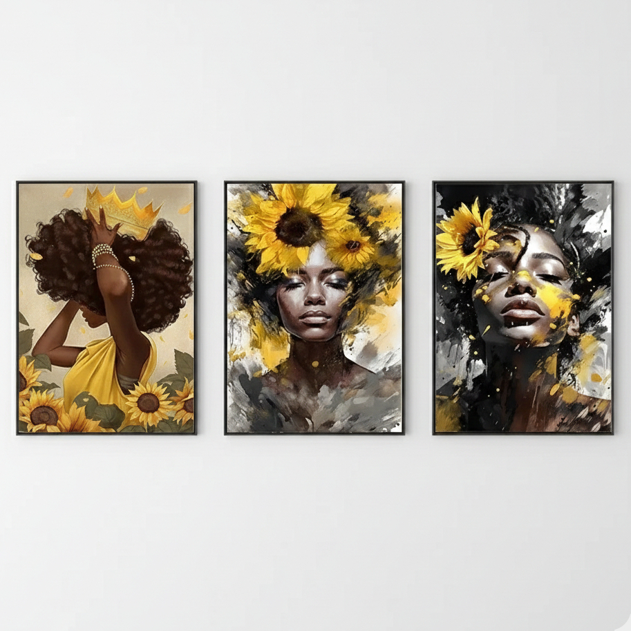 Quadro decorativo African Black Woman Aquarela Amarelo Girassol Poster, Graffiti (3 peças 40x60)