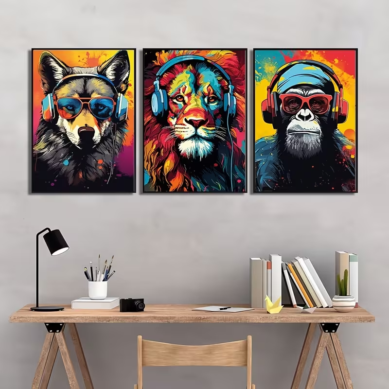 Kit 3 Quadros Animais DJ Neon Pop Art Decoração Quarto Gamer Sala Graffiti Animais Música Macaco