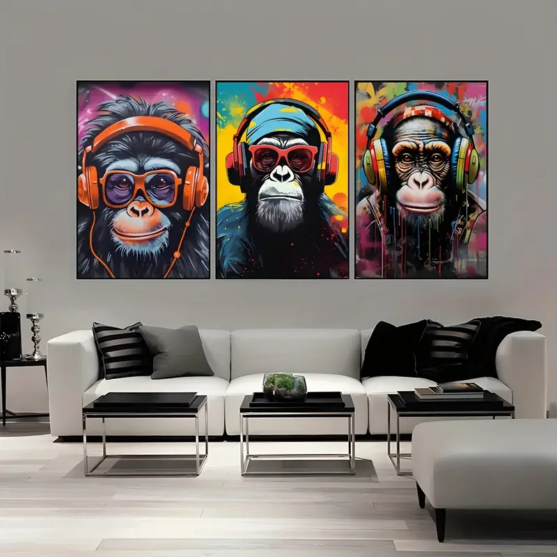 Kit 3 Quadros Macaco Pop Art Graffiti MDF Autocolante Decoração Geek Gamer