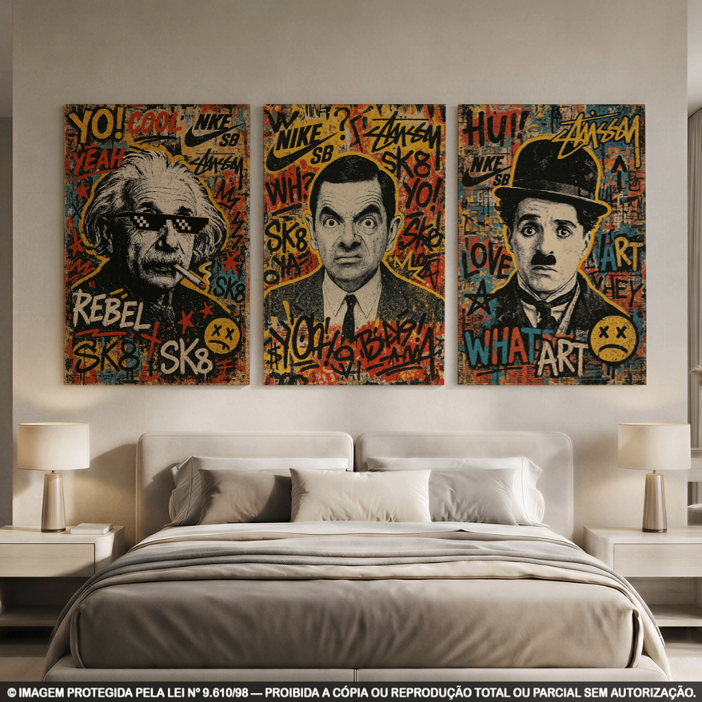 Kit 3 Quadros Decorativos Ícones do Humor, Cinema e Ciência | Arte Urbana Graffiti Retrô | Decoração Moderna em MDF 3mm