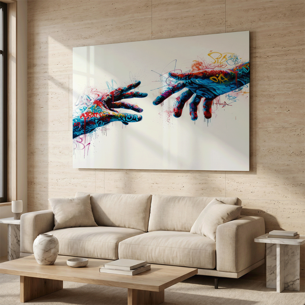 Quadro Decorativo A Criação de Adão – Mãos em Arte Urbana Graffiti, Estilo Moderno e Colorido