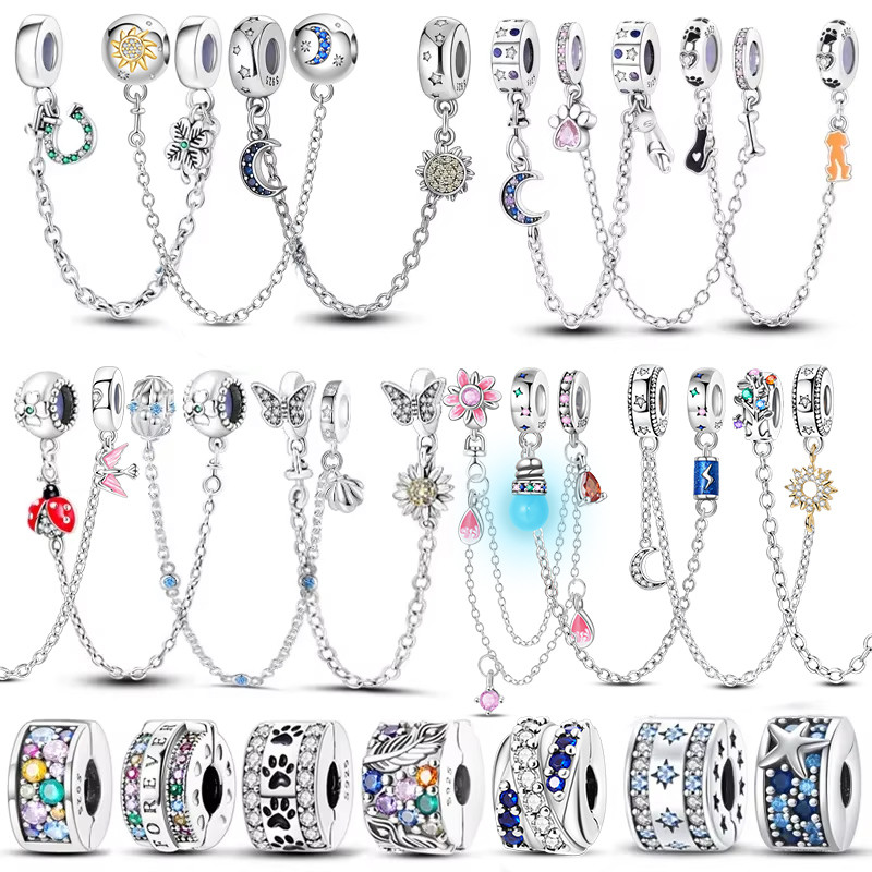 S925 prata girassol e estrela forma prata grânulo corrente de segurança adequado para 3MM pulseira Original jóias DIY