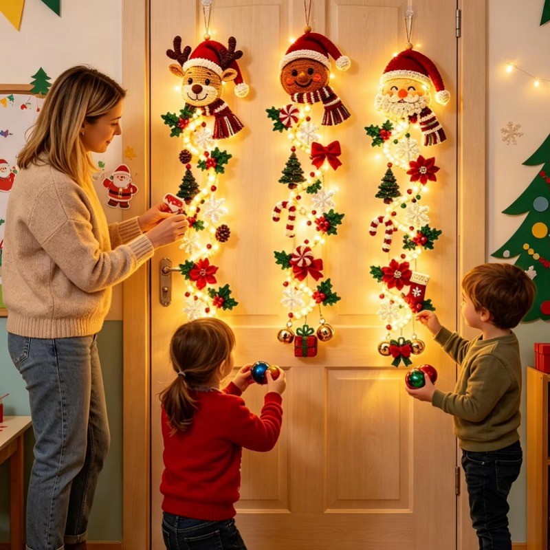 Cabide De Porta De Natal Brilhante LED Feito À Mão Em Crochê Santa Xmas Tree Bell Ornament Decoração Iluminada Feriado P