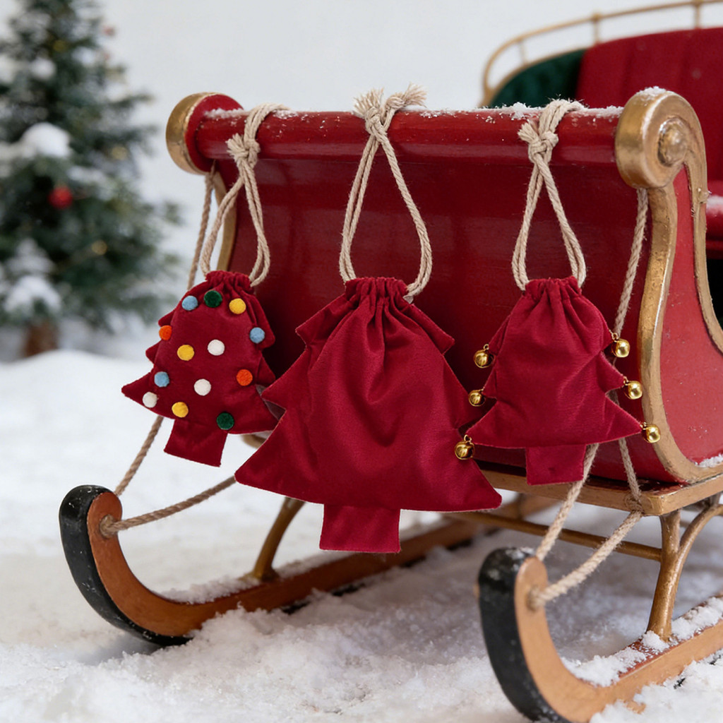 Holiday Gift Bags Pom Bell Hanging Ornaments Christmas Tree with Drawstring Reusable Treat Pompoms Bells Festive Wrappin