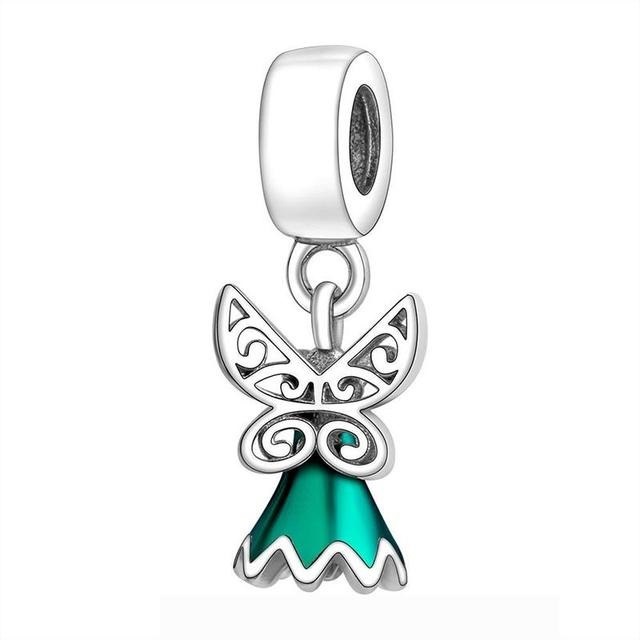 Berloque 100% prata 925 de vestido verde de fada Sininho Tinker Bell com asas pratas vazadas cod158