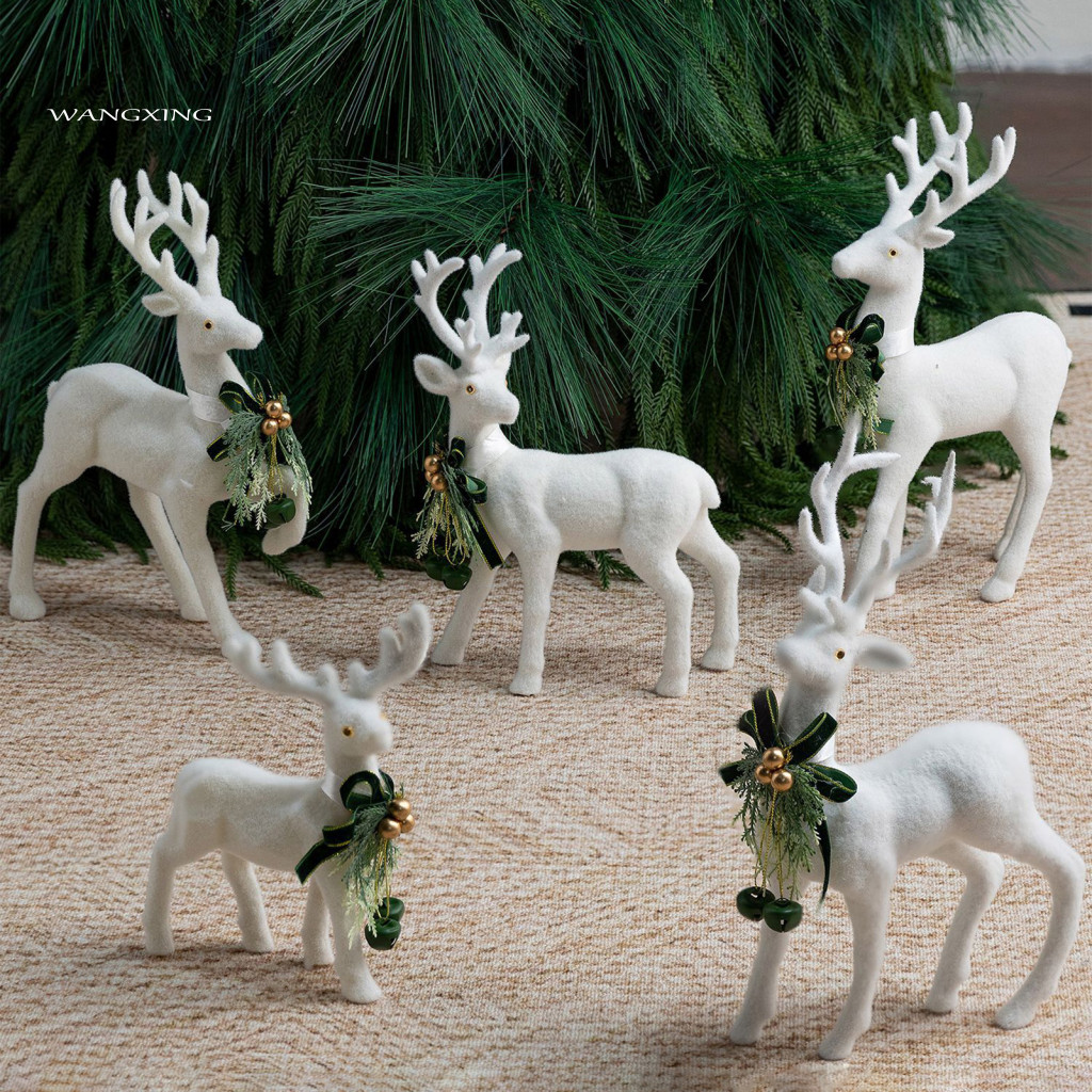 Christmas Tabletop Ornaments Decorative Window Display Accents White Flocked Elk Ornament with Ribbon and Bell – 3d St