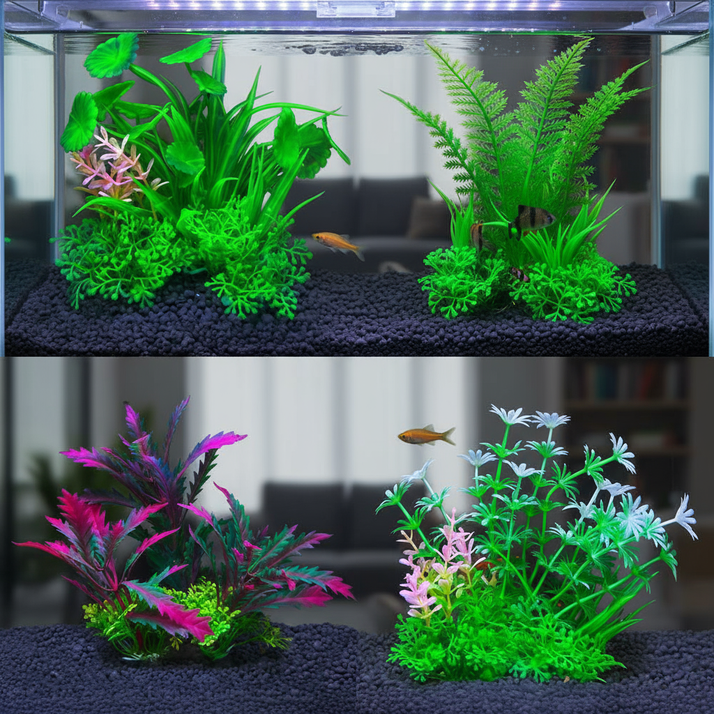 Decoração de aquário com plantas aquáticas simuladas e vegetação variada