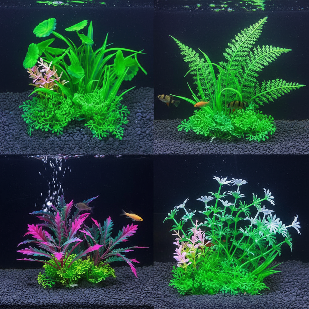 Conjunto de enfeites para aquário com diversos tipos de plantas aquáticas simuladas