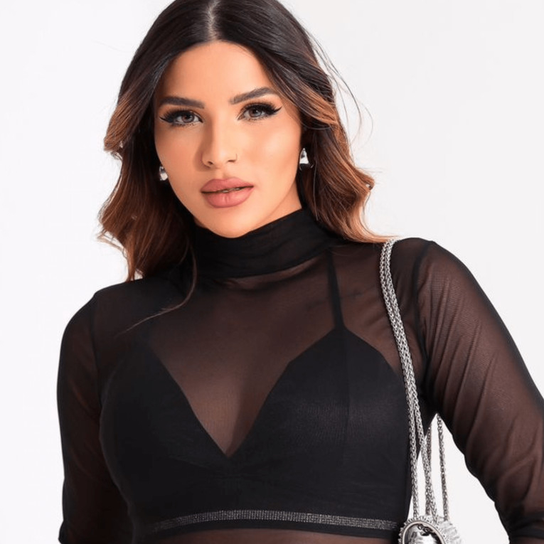 Blusa de Tule Feminina Transparente Manga Longa Sem Sutiã Gola Simulada ENVIO IMEDIATO