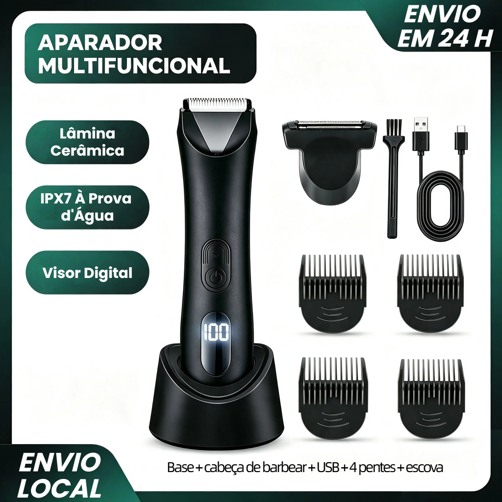 Aparador de Pelos Masculino Multifuncional Corta Cabelo e Barba Lâmina Cerâmica IPX7 Luz LED