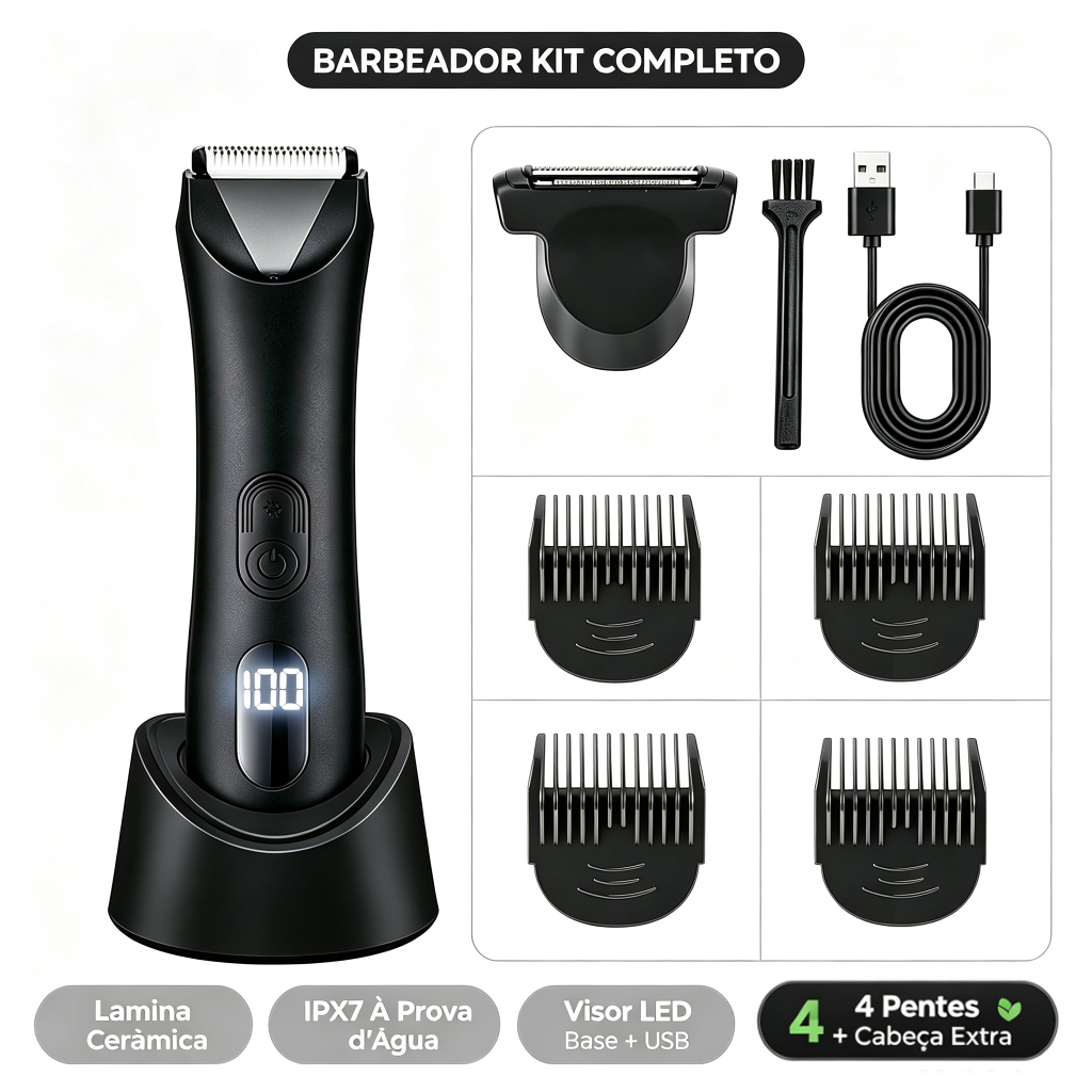 Máquina de Cortar Pelos com Luz LED e Base Recarregável Ideal para Virilha Peito e Axilas IPX7