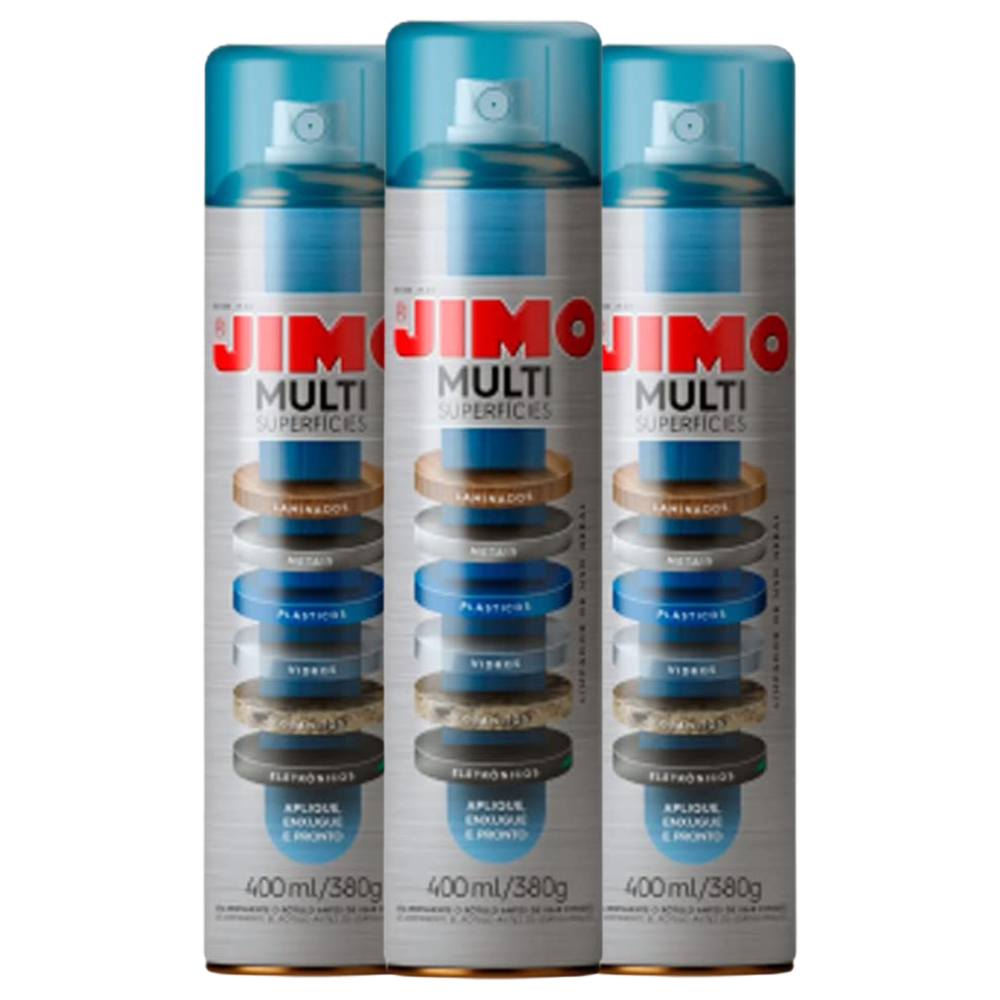 Kit 3 Jimo Multi Superfícies Aerossol 400ml Limpa Metal Plástico Eletrônico LED Granito Laminado