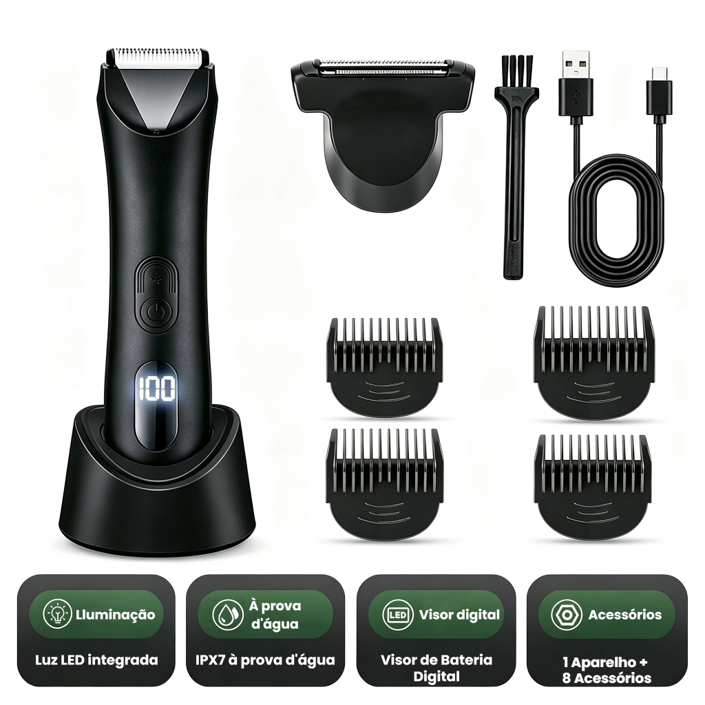 Aparador de Pelos Masculino Barbeador Elétrico Sem Fio IPX7 com Display LED, Base e Pentes Guia