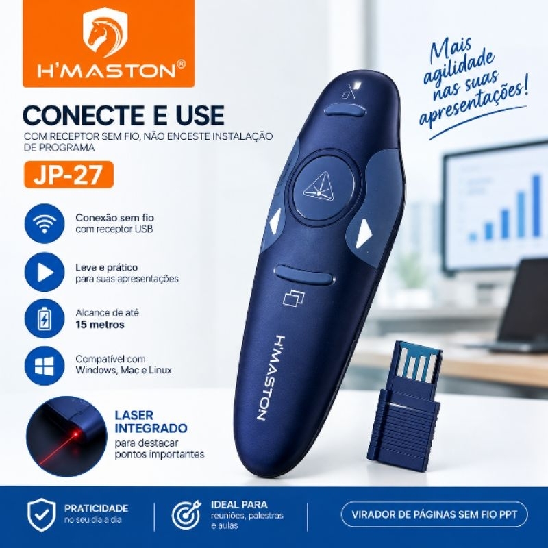 Apresentador Sem Fio H'Maston JP-27 Wireless Presenter com Receptor USB, Alcance de Até 15 Metros e Laser Integrado