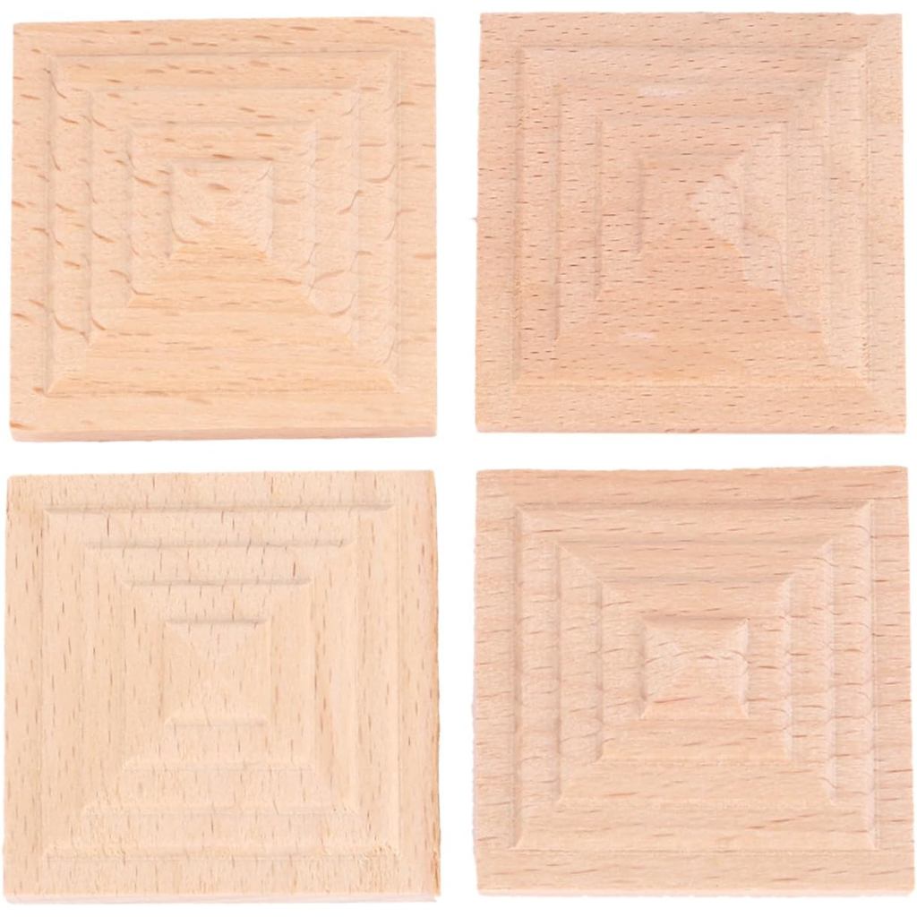 MUXSAM Square Wood Carved Appliques, 4-Pack Unpainted Wooden Carvings Decals Overlay Onlays for Mirrors Walls Doors Cabi