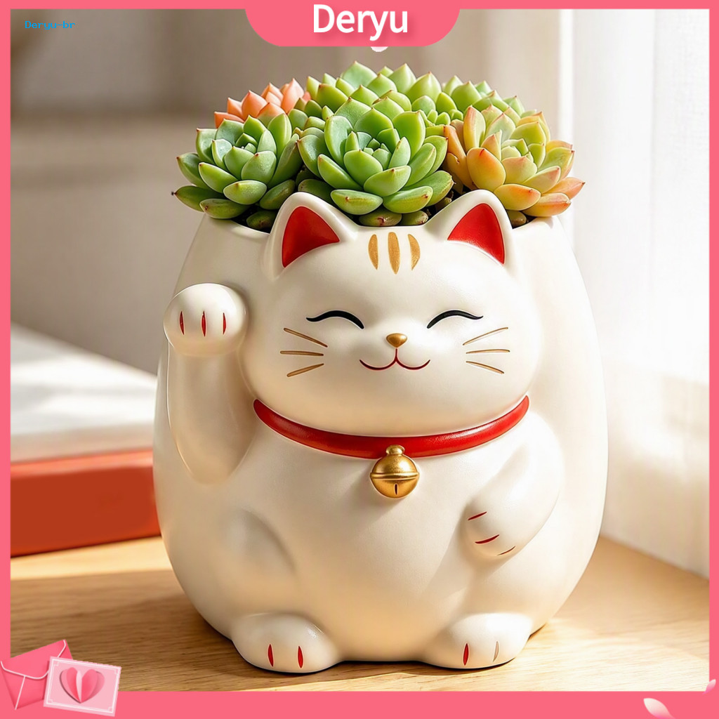 Cute Cat Planter for Succulents Desktop Decorative Ornament for Office Resin Fortune – Lucky Beckoning Kitty Flower Po