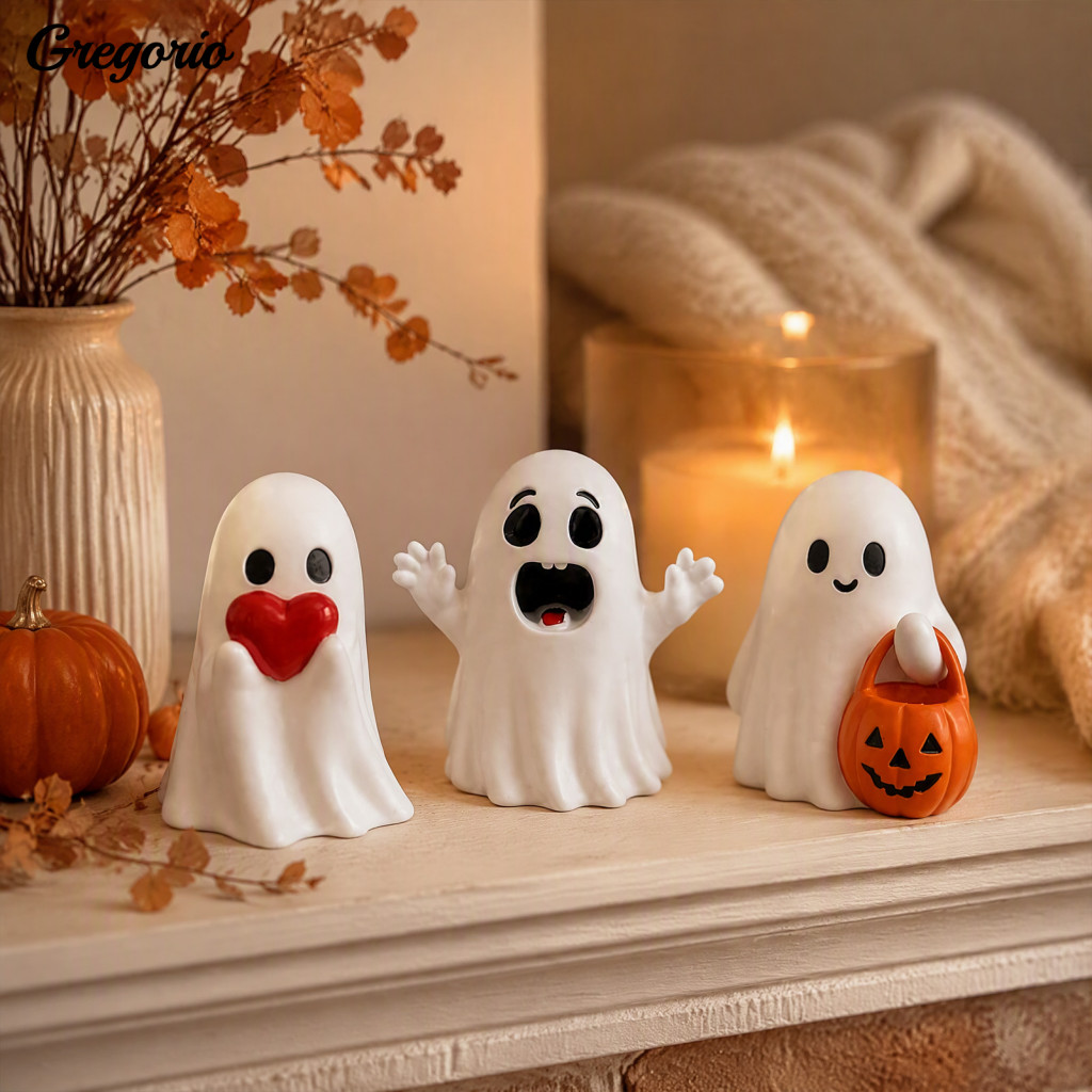 Halloween Ghost Decor Cute Desktop Ornament Figurine with Heart Pumpkin Bucket Small Resin Funny for Home Shelf Table Ma