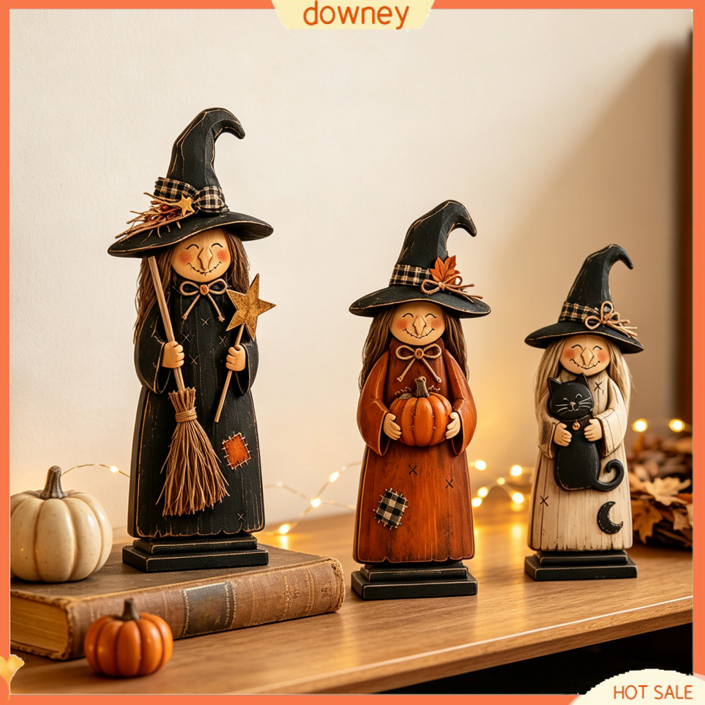 Wooden Halloween Witch Ornament with Broom Pumpkin Black Cat – Retro Tabletop Figurine Desktop Shelf Mantelpiece Decor