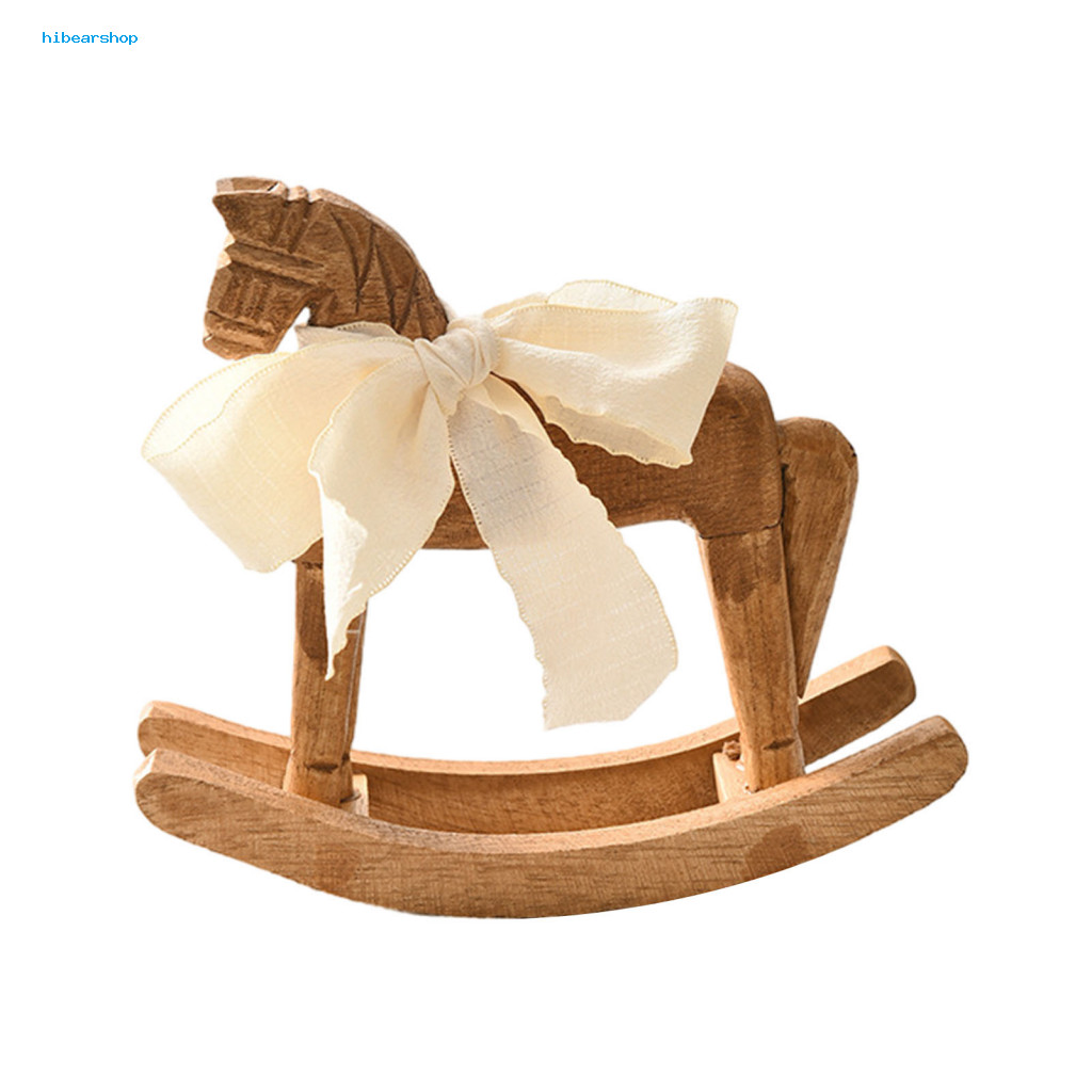 Estátua de Cavalo de Madeira Artesanal com Fita, Cavalo de Balanço Cinético, Decoração de Mesa para Casa e Escritório